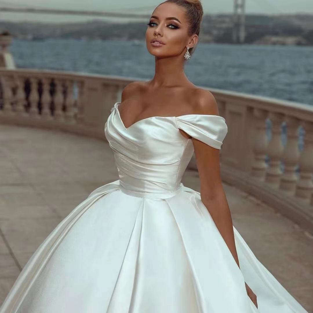 Off-Shoulder Satin Long Train Wedding Dress