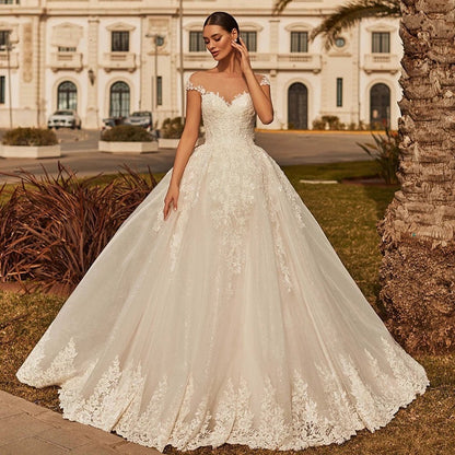 White Dreamy Long Train Wedding Dress