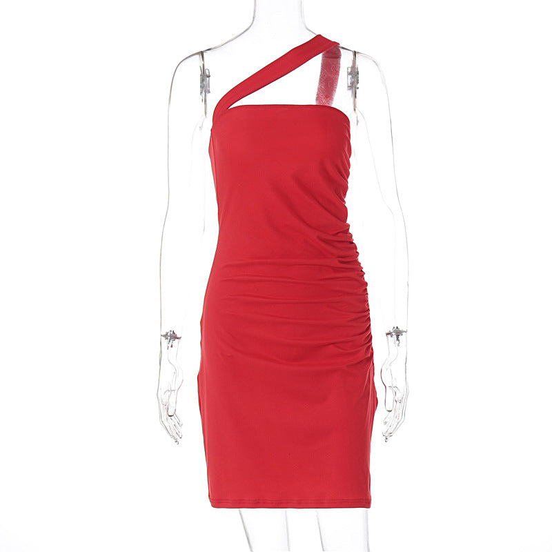 One Shoulder Ruched Bodycon Asymmetric Neckline Mini Dress