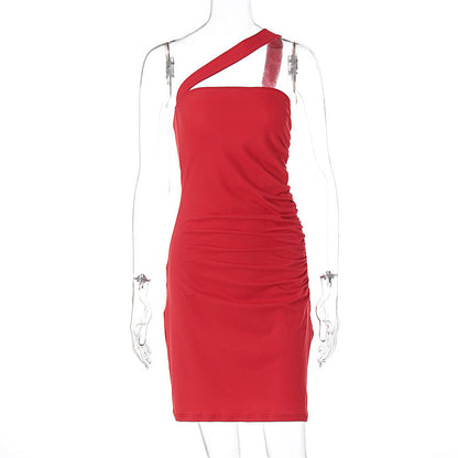 One Shoulder Ruched Bodycon Asymmetric Neckline Mini Dress