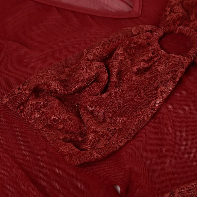 V neck long sleeve o ring lace mesh top