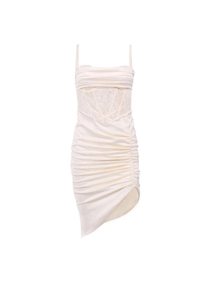 Satin Boning Corset Pleated High Slit Dress