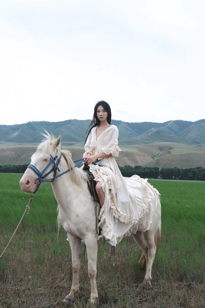 Tailande Linen Maxi Dress V-Neck Ruffle Goddess Gown with 10-Meter Full Hem