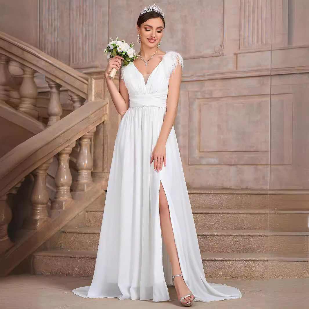 Feather Shoulder Plunge V-Neck Rhinestone Belt Thigh Slit Chiffon Maxi Gown