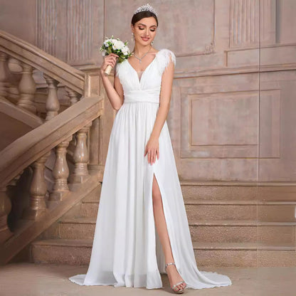 Feather Shoulder Plunge V-Neck Rhinestone Belt Thigh Slit Chiffon Maxi Gown
