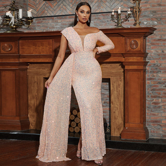 Long Sleeved Elegant Long Sequined Diagonal Collar Backless Cocktail Evening Dress Bridesmaid Dress