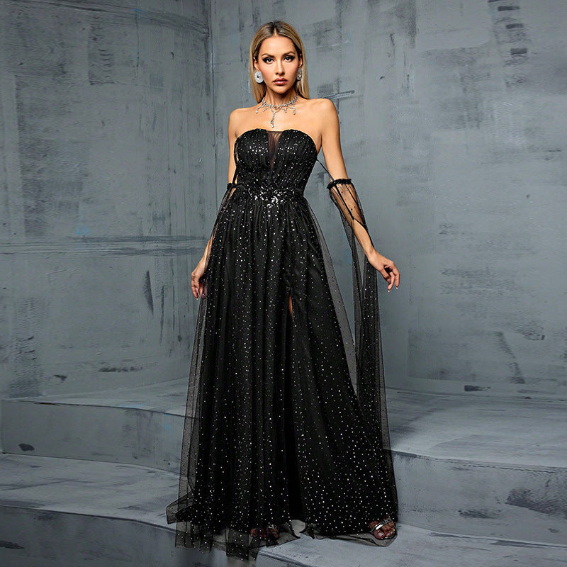 Sequin Mesh Corset Sweetheart Detachable Sleeve High Split Maxi Gown