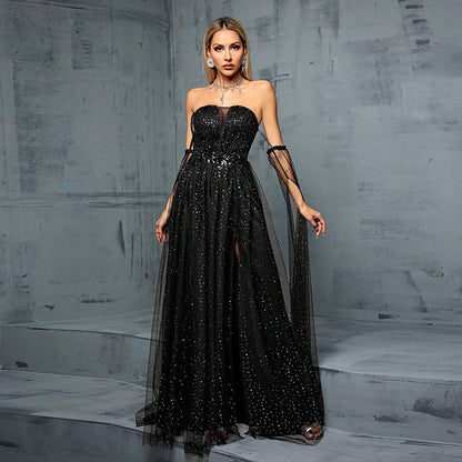 Sequin Mesh Corset Sweetheart Detachable Sleeve High Split Maxi Gown