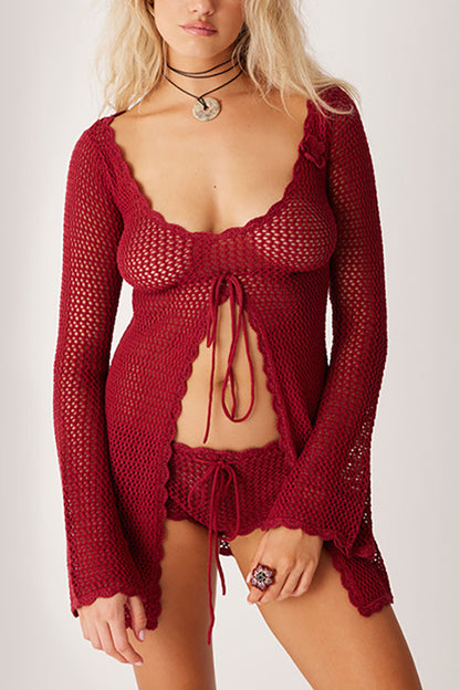 Elegant Knitted Cutout V Neck Lace Up Long Sleeves Cover Ups