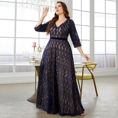 Deep V-Neck Lace Overlay Velvet Waistband Three-Quarter Sleeve Maxi Gown
