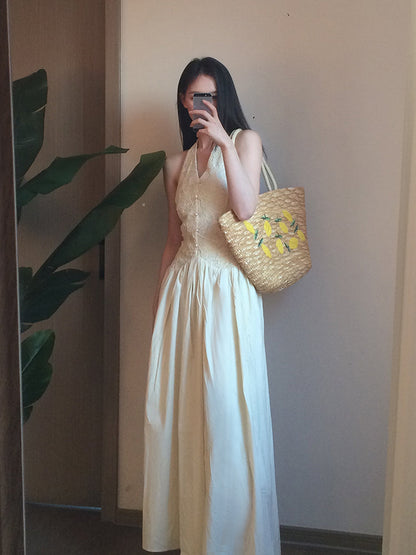 Timeless Lace Halter V-Neck Dress Romantic Backless Vacation Gown