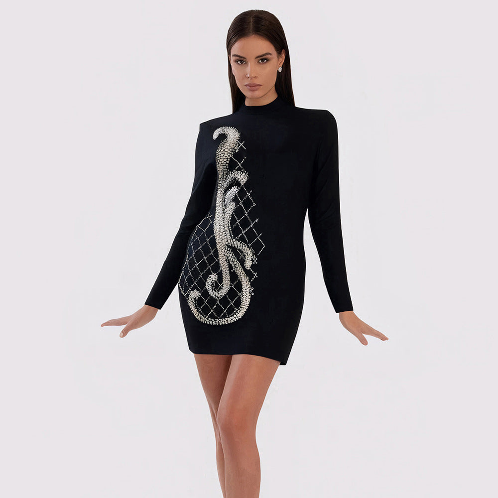 Mock Neck Long Sleeve Scroll Rhinestone Lattice Embroidery Bandage Mini Dress