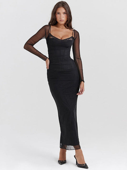 Black Spaghetti Strap Backless Tight Split Maxi Dress