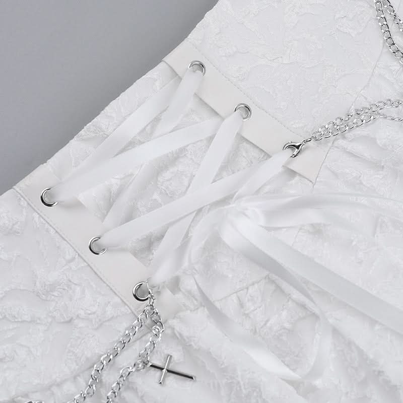 Lace up metal chain lace hem mini skirt