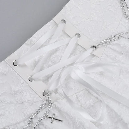 Lace up metal chain lace hem mini skirt