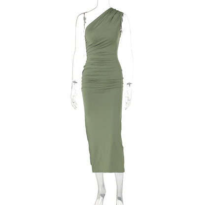 Shoulder Solid Color Split Sleeveless Slim Fit Dress