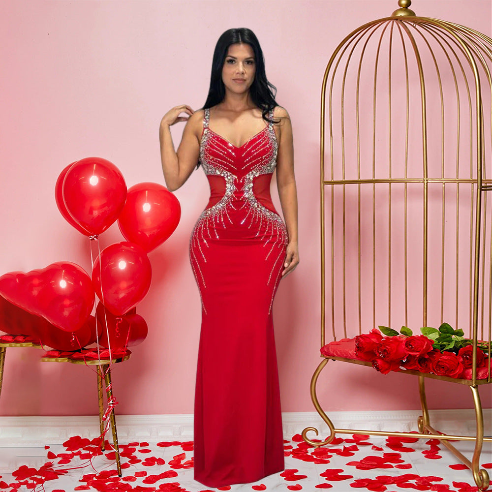 Deep Plunge V-Neck Spaghetti Strap Rhinestone Mesh Side Panel Mermaid Maxi Gown
