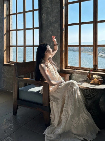 Thailand Dream Cotton Linen Halter Dress Flowing Backless French Maxi gunne sax vintage dress
