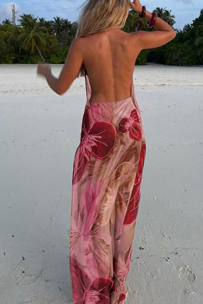 Floral Print Sexy Backless Slit See-Through Holiday Maxi Dress