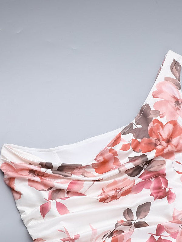 Floral Print One Shoulder Suspender Sheath Dress