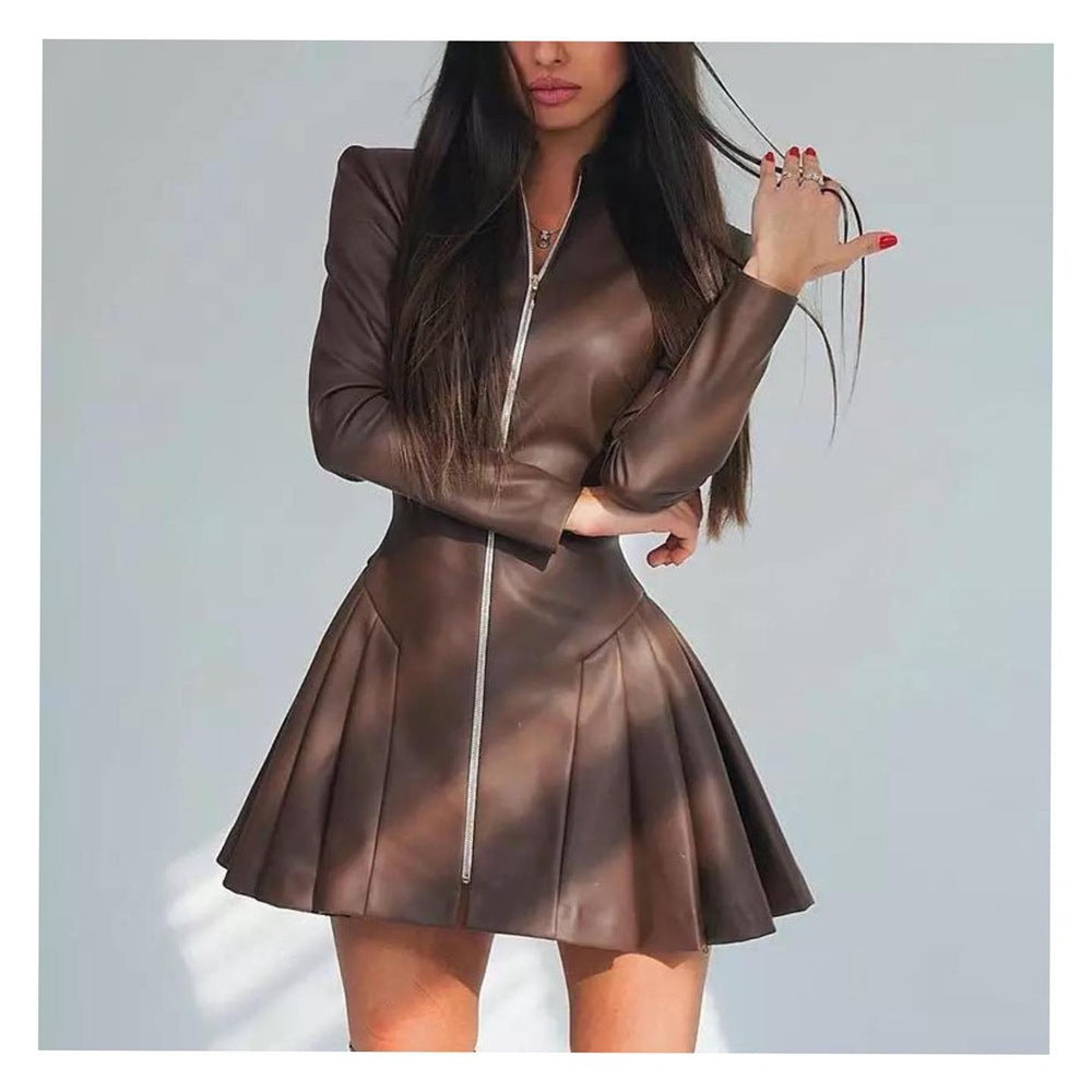 Mock Neck Long Sleeve Pleated Faux Leather Mini Dress