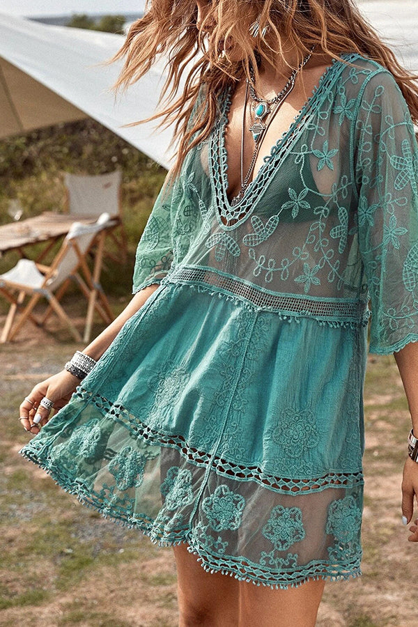 Lace V Neck Hollow Short Sleeved Cover Up