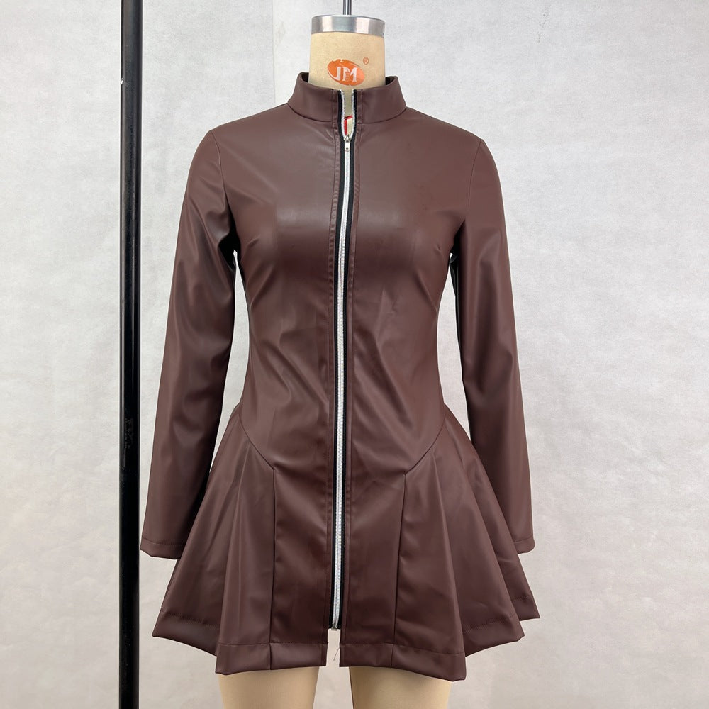 Mock Neck Long Sleeve Pleated Faux Leather Mini Dress