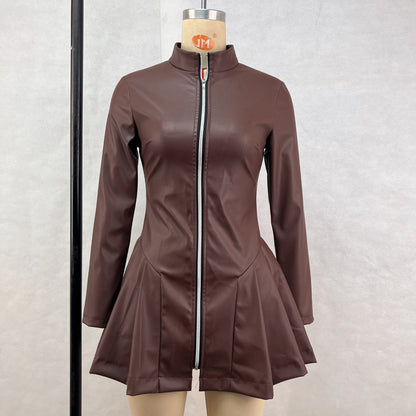 Mock Neck Long Sleeve Pleated Faux Leather Mini Dress