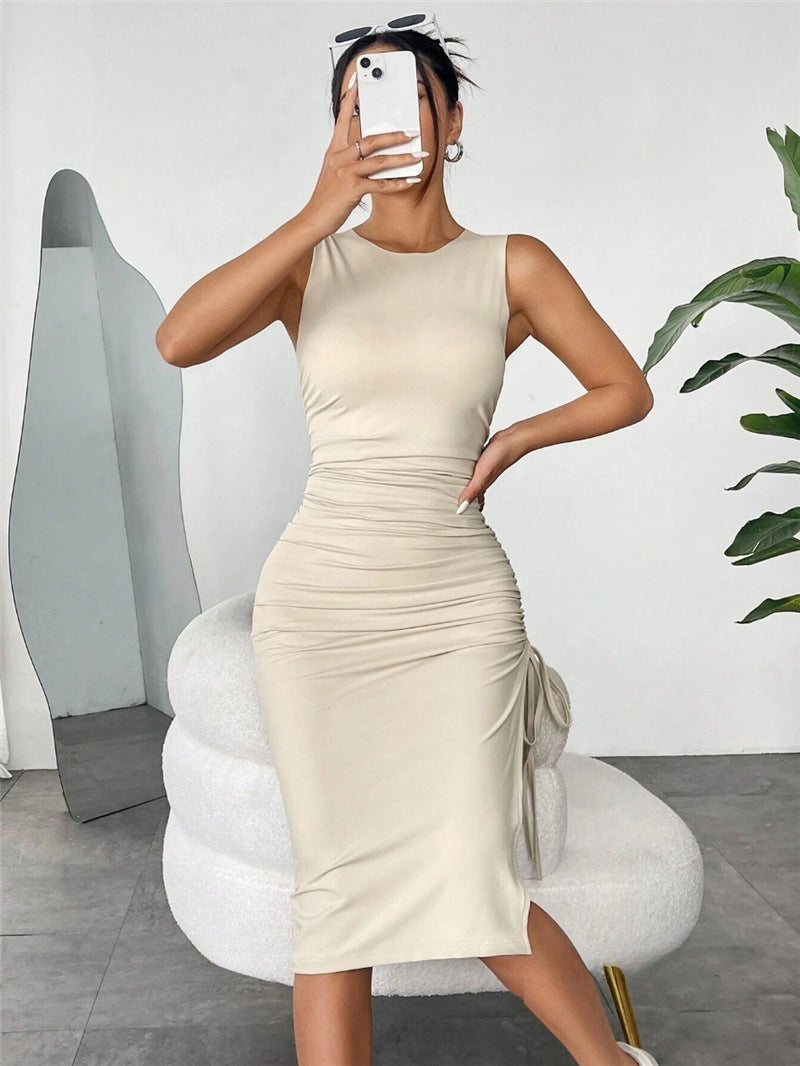 Sleeveless Crew Neck Ruched Drawstring Side Slit Midi Tank Dress