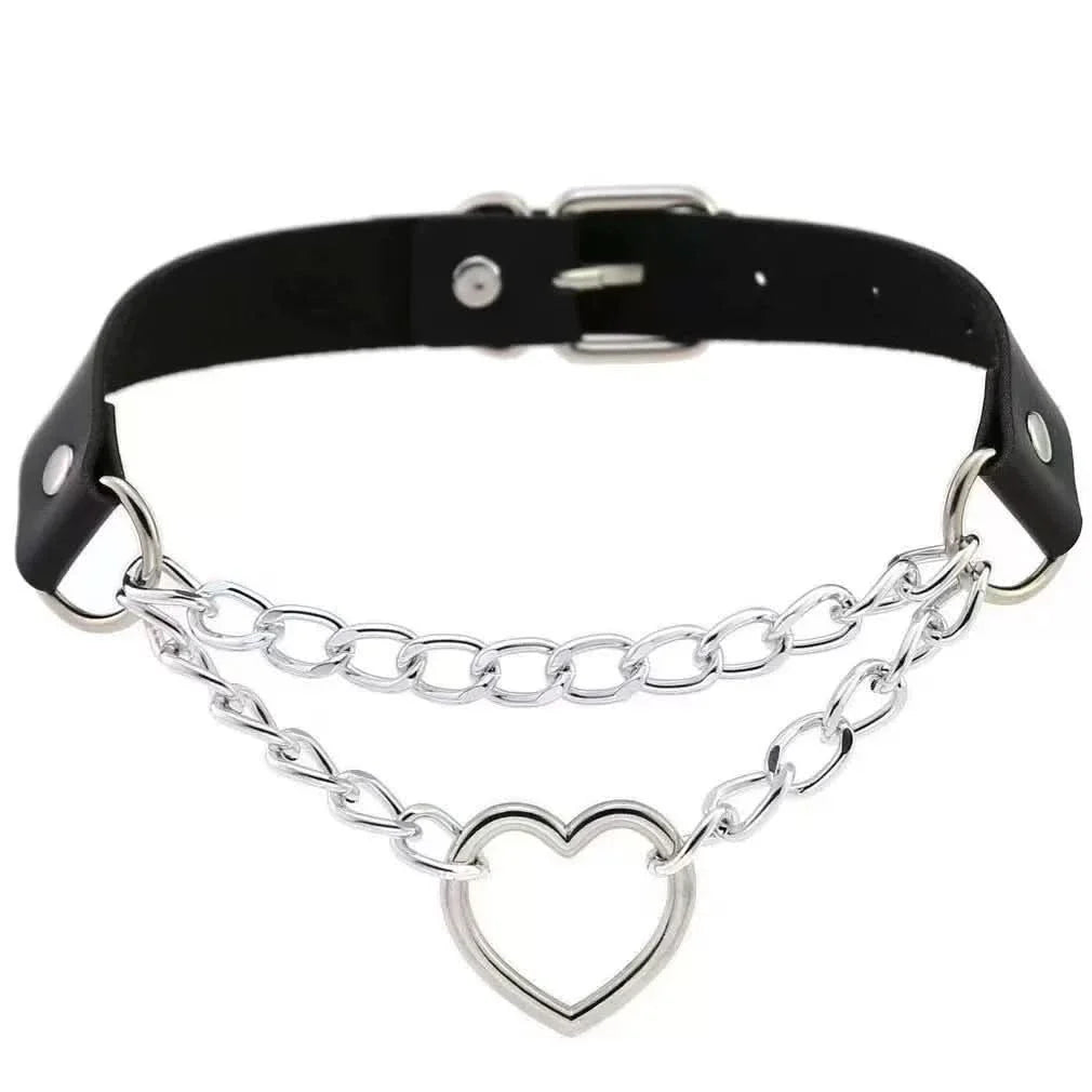 PU leather rivet o ring metal chain necklace