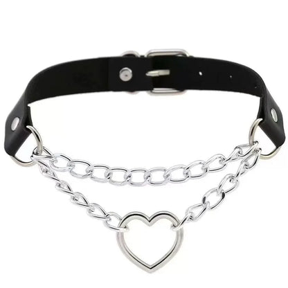 PU leather rivet o ring metal chain necklace