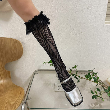 Sheer lace ruffle solid thigh high socks