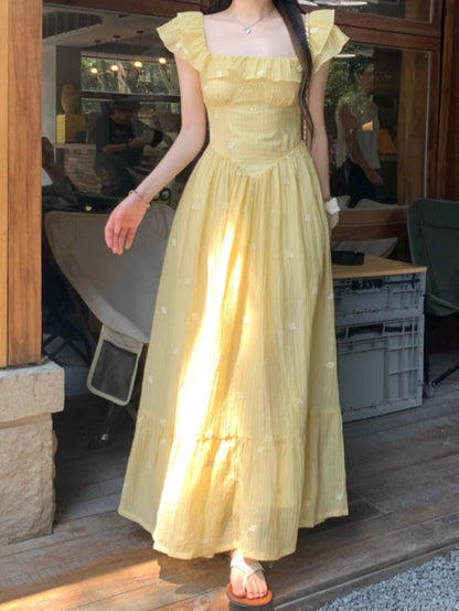 French Square Neck Ruffled Short-Sleeve Yellow Dress