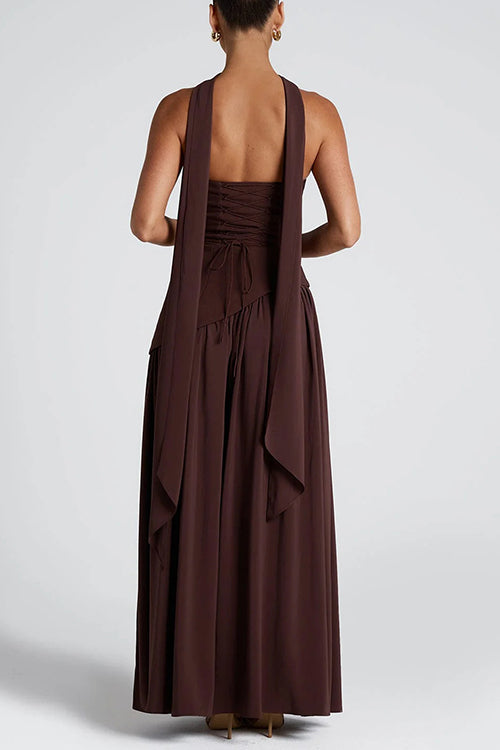 consonak Strapless Back Lace-up High Slit Splice Maxi Dress