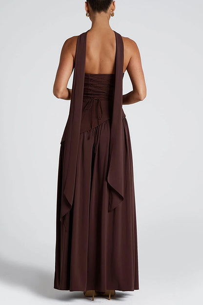 consonak Strapless Back Lace-up High Slit Splice Maxi Dress