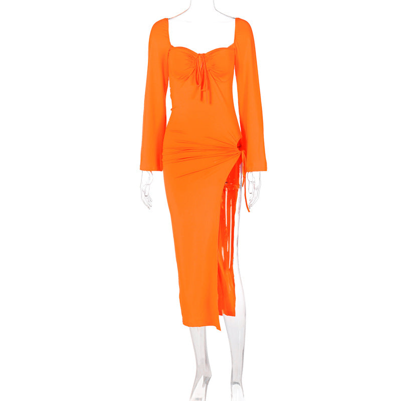 Sweetheart Keyhole Tie Long Sleeve Hip Cutout Slit Maxi Dress