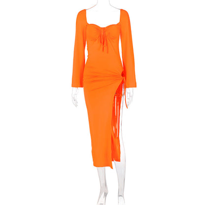 Sweetheart Keyhole Tie Long Sleeve Hip Cutout Slit Maxi Dress