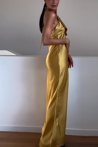 Fashionable Beaded Large Flower Decoration Halter Neck Backless Maxi Dress