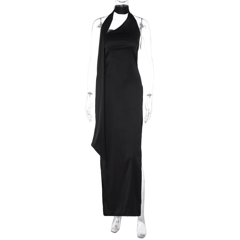 Halter Choker Neck Sash Tail Double Slit Satin Maxi Dress