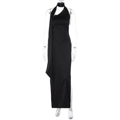 Halter Choker Neck Sash Tail Double Slit Satin Maxi Dress
