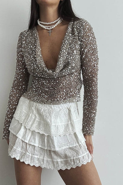 Fashionable Sequined Fishnet Casual Long-sleeved Top