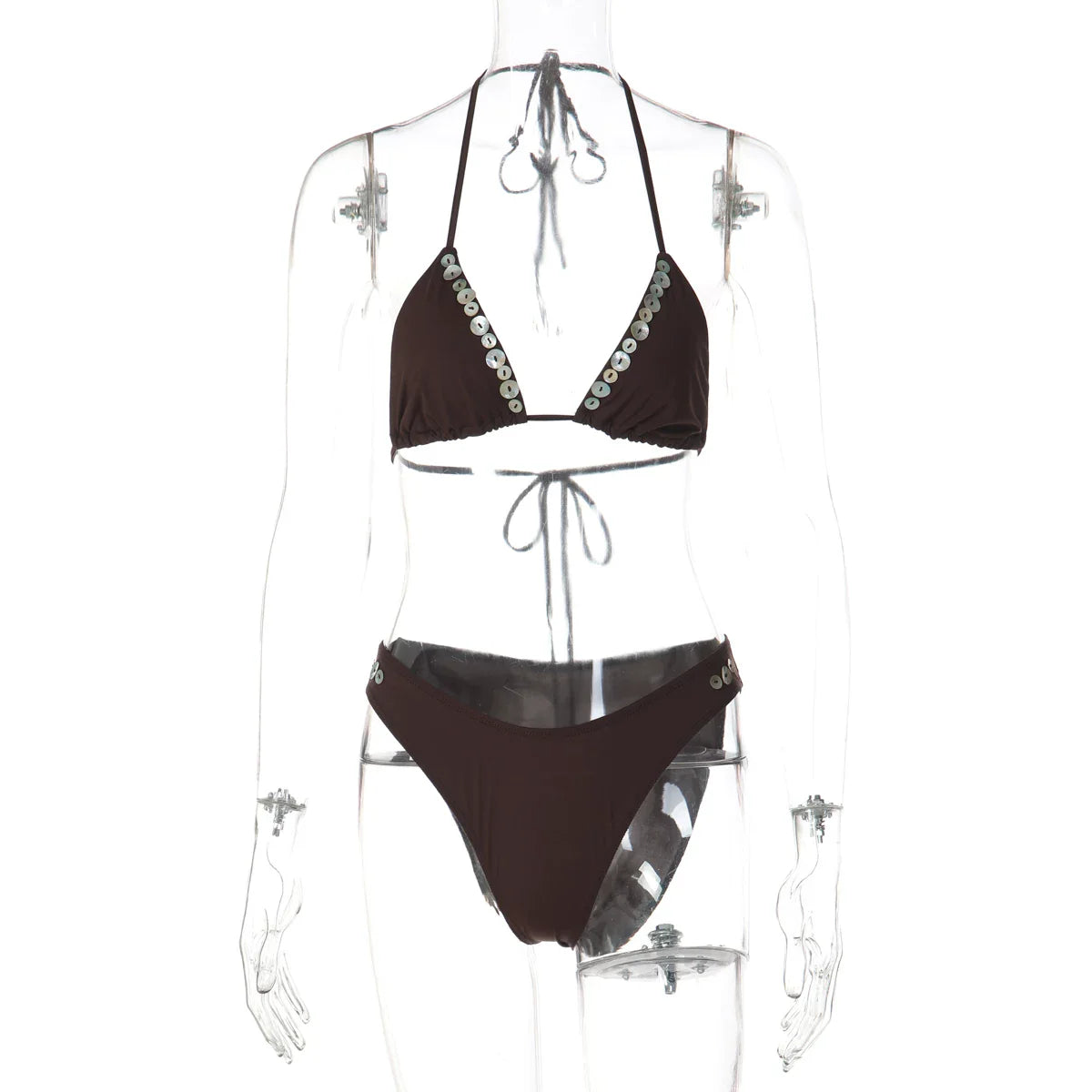 Button Detail Halter Bikini Set