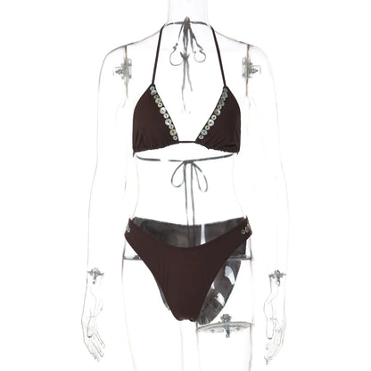 Button Detail Halter Bikini Set