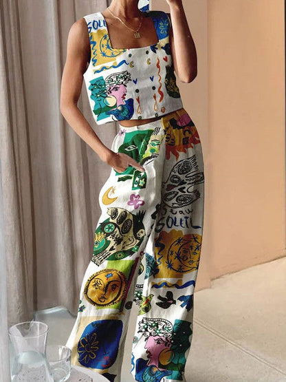 Abstract Print Wide Leg Pants & Vest Coord Set