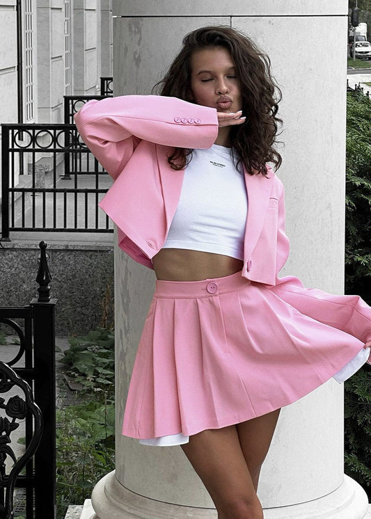Pink Cropped Blazer and Skater Skirt Set - Playful Elegance