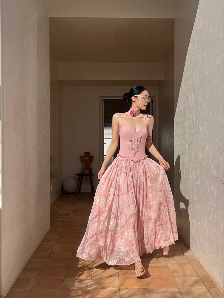 Rosé Gold Fantasy Rococo-Inspired Dress Embroidered Pleated Maxi Gown gunne sax vintage dress