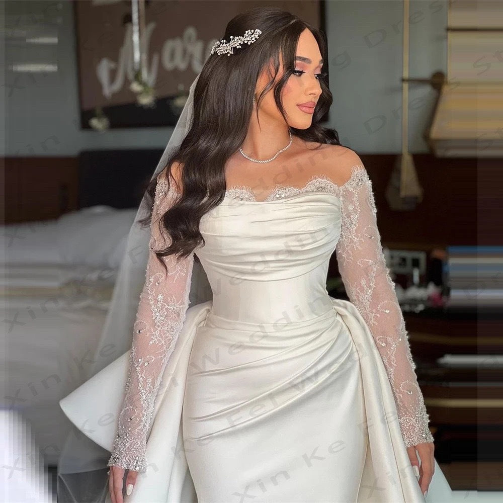 Long Sleeve Off-Shoulder Satin Wedding Dress