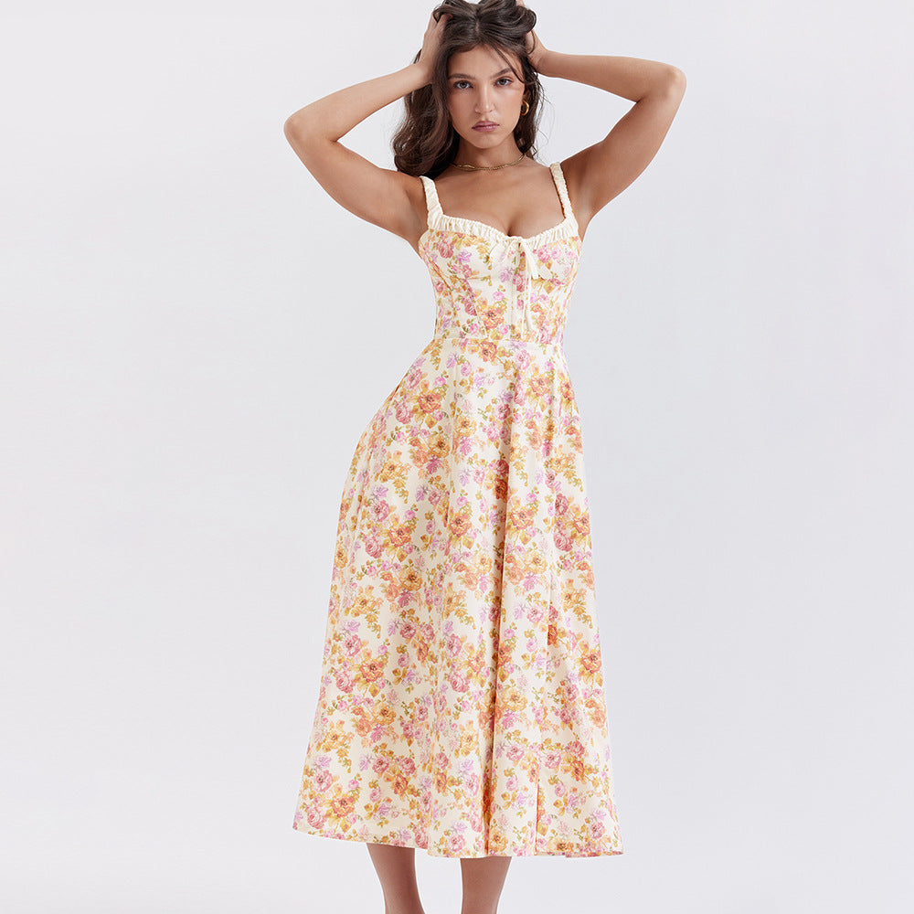 Floral Print Sweetheart Ruffle Neck Tie Front Corset Bodice A-Line Midi Dress