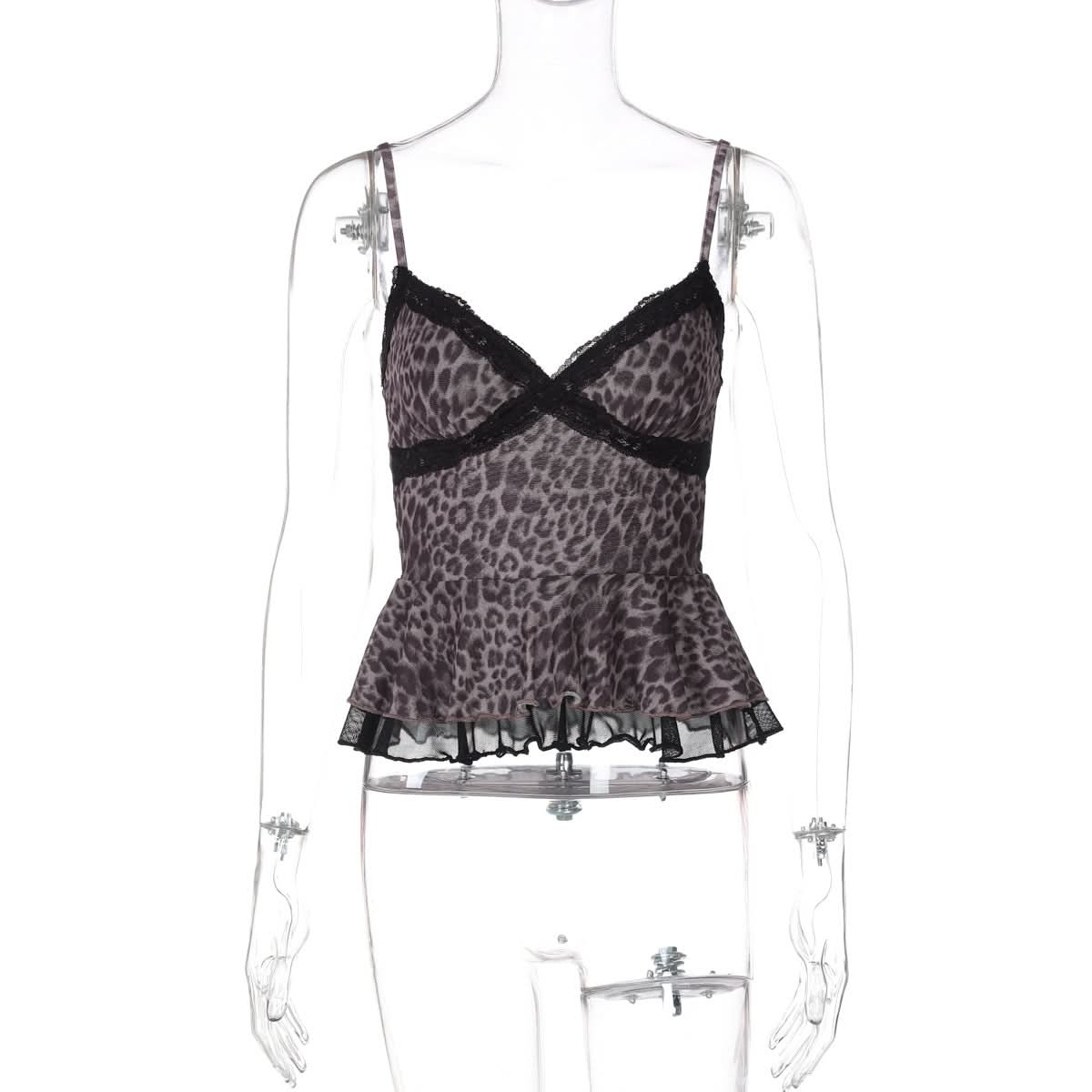 Leopard print mesh v neck lace hem cami top