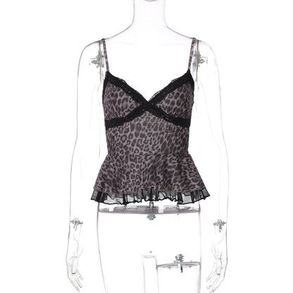 Leopard print mesh v neck lace hem cami top